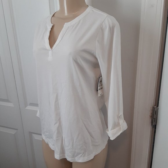 Charter Club Split Neck Bright White 100% Supima Cotton Top Roll Tab - Picture 5 of 10